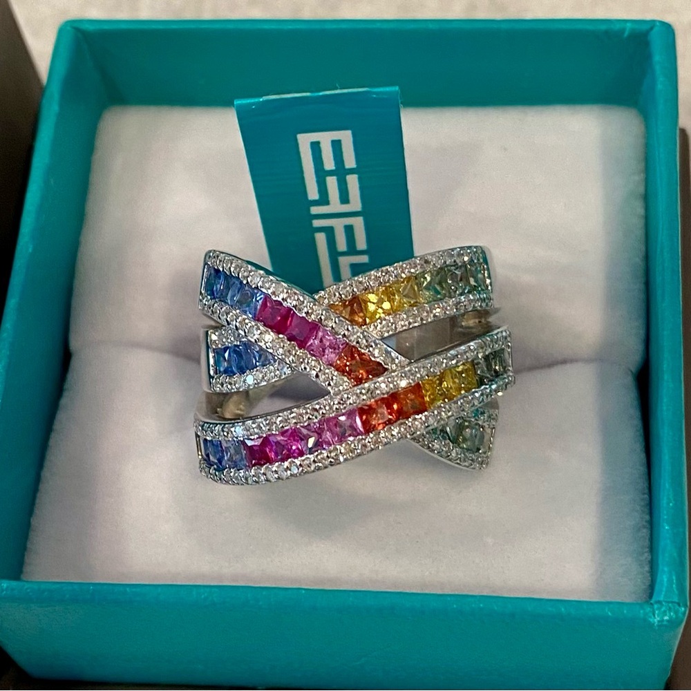 14k Effy Watercolors Multi Colored Sapphires & Diamonds Highway Rainbow Ring NWT